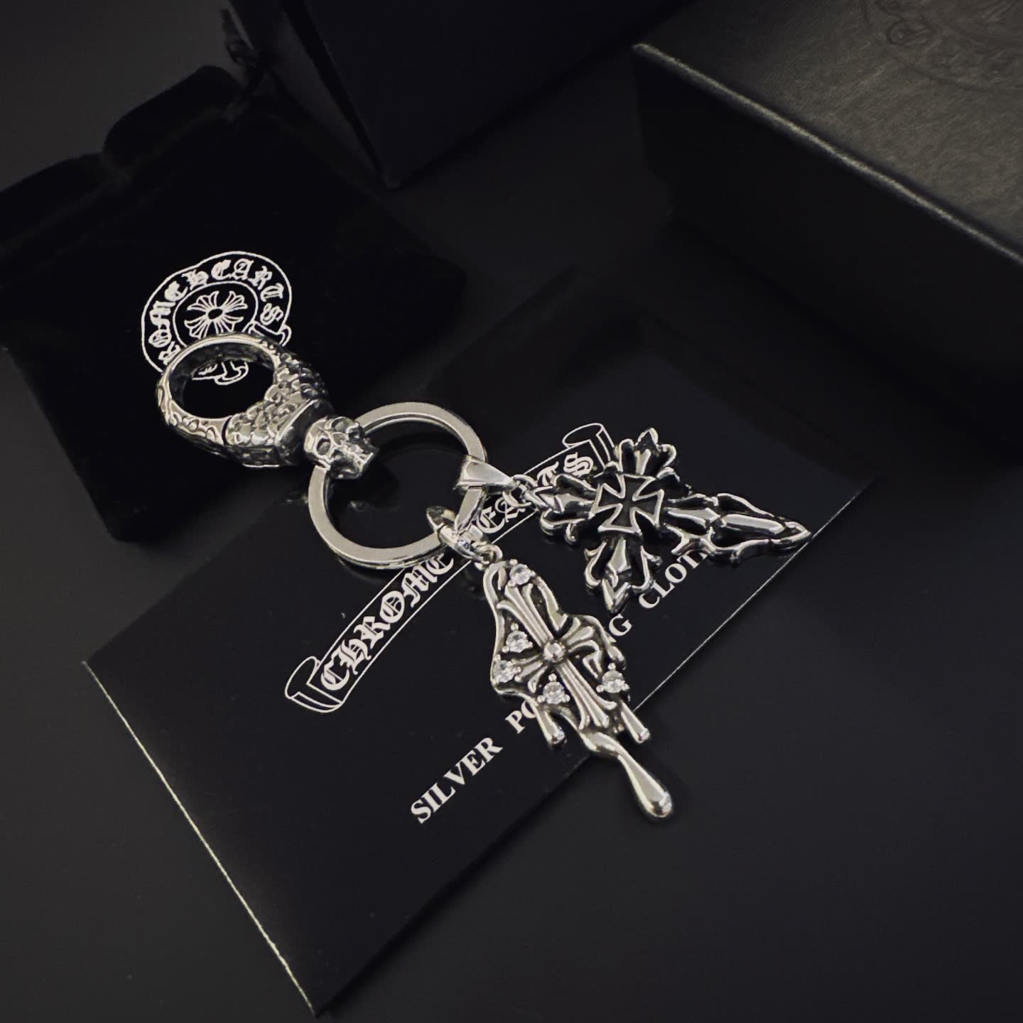 Chrome Hearts Silver Keychain with Skull and Cross Charms